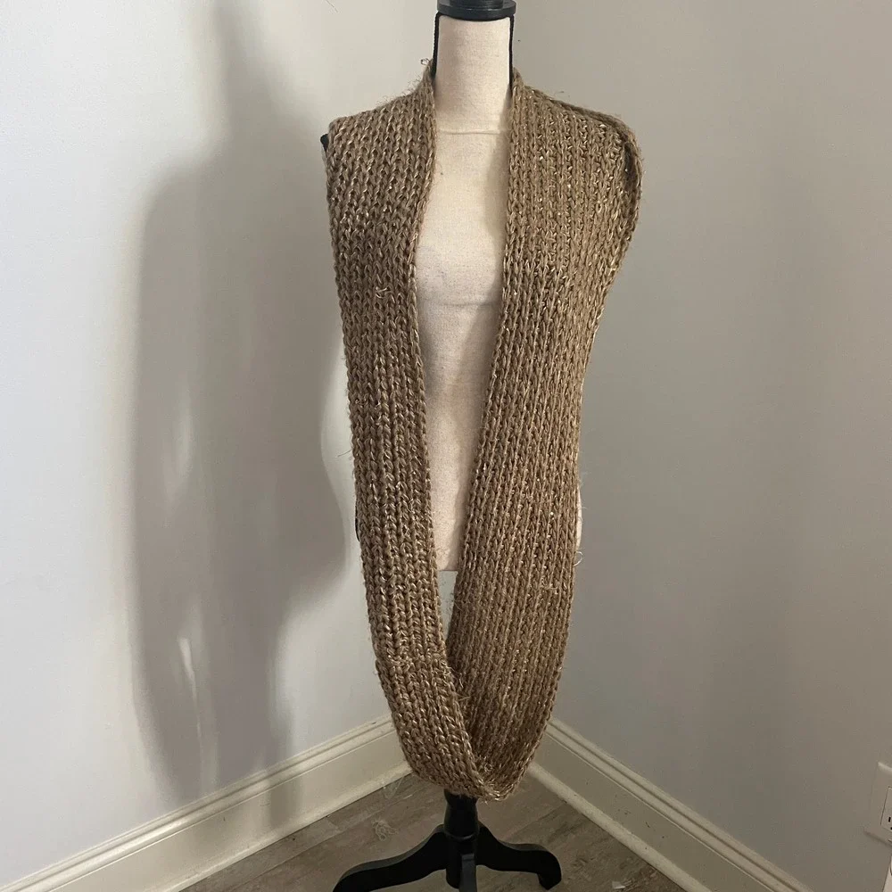 Tan Brown Chunky Knit Infinity Scarf Gold Metallic Sequin Ribbed Loop‎ Boho Chic